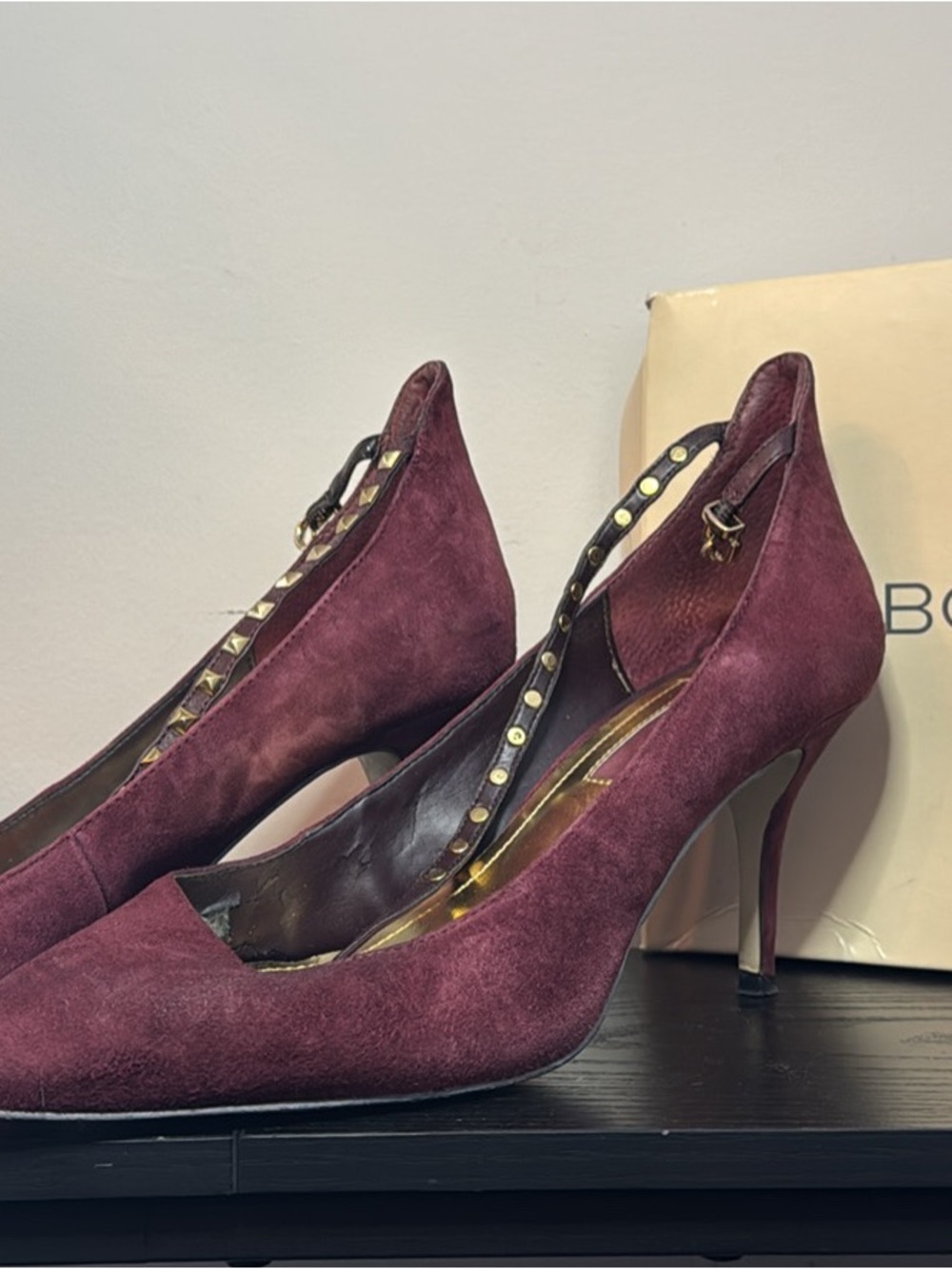 BCBGeneration Burgundy Suede Studded T-Strap Pumps